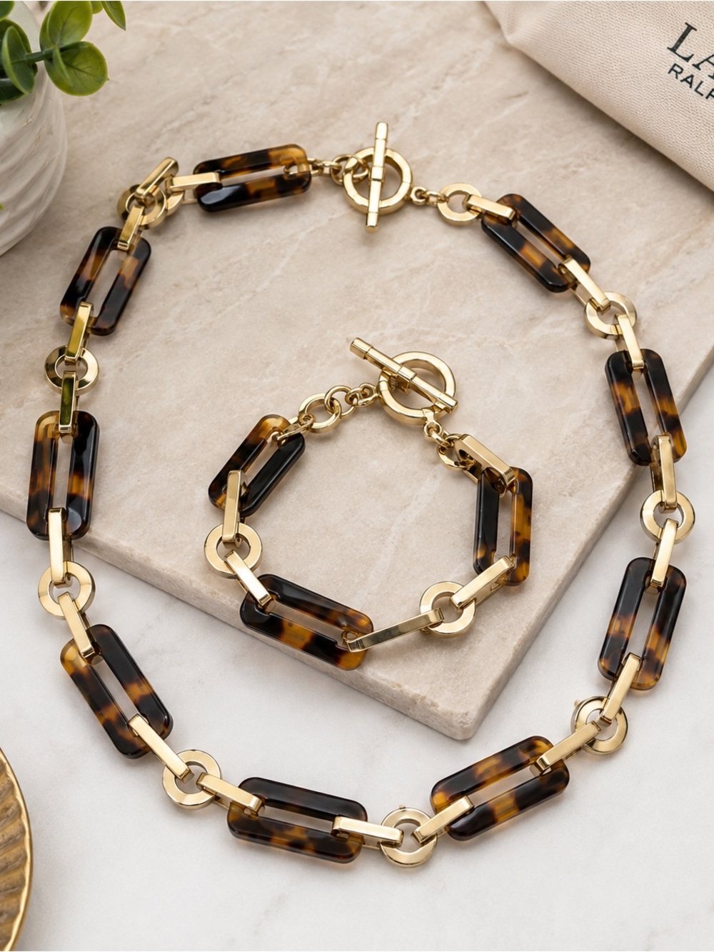 Lauren Ralph Lauren Tortoise Link Necklace & Bracelet Set Gold Tone
